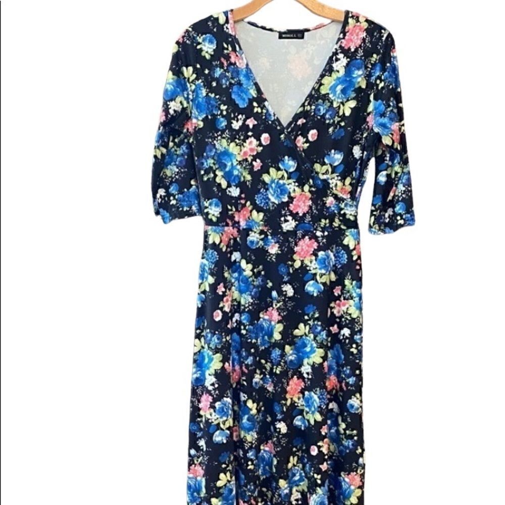 Miholl S Black V-Neck 3/4 Sleeves Floral Cottage Core Maxi Casual Party Dress